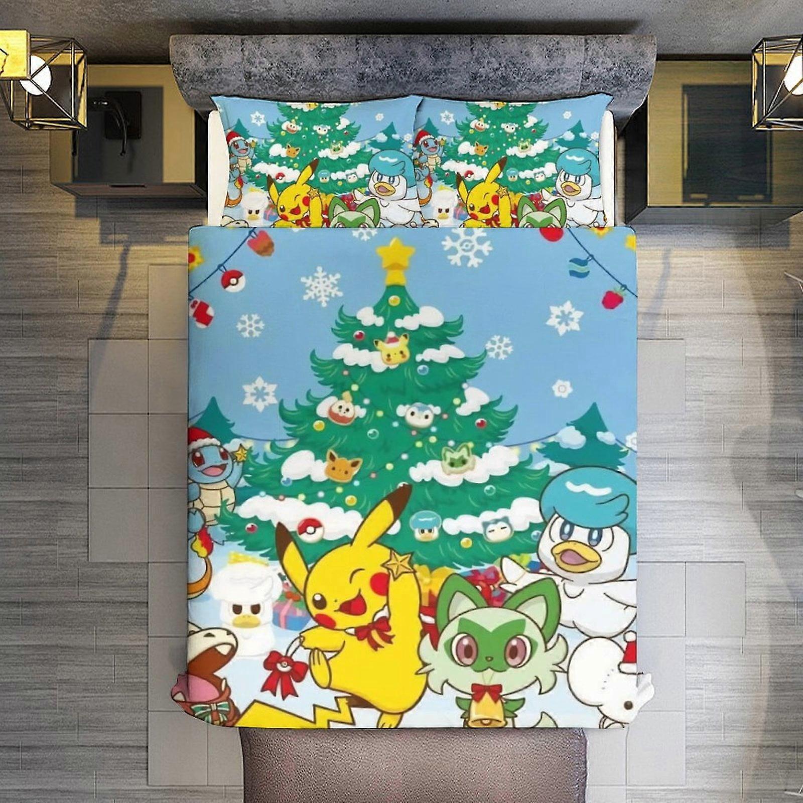 v152 Lençóis de Cama Natal Pokmon Conjuntos de 3 Peças Tamanho Completo/Queen Size - Colchas de Microfibra Reversíveis com Fronhas Colcha de Cama Leve e Macia C
