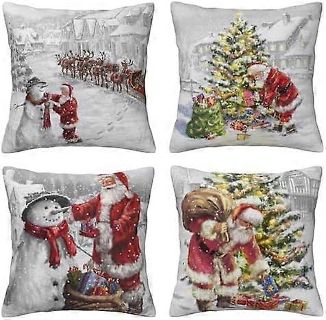 4 stykker julepudebetræk juleelement stil mønster dekorativt pudebetræk bomuld linned pudebetræk (hvid-010, 40 x 40 cm)