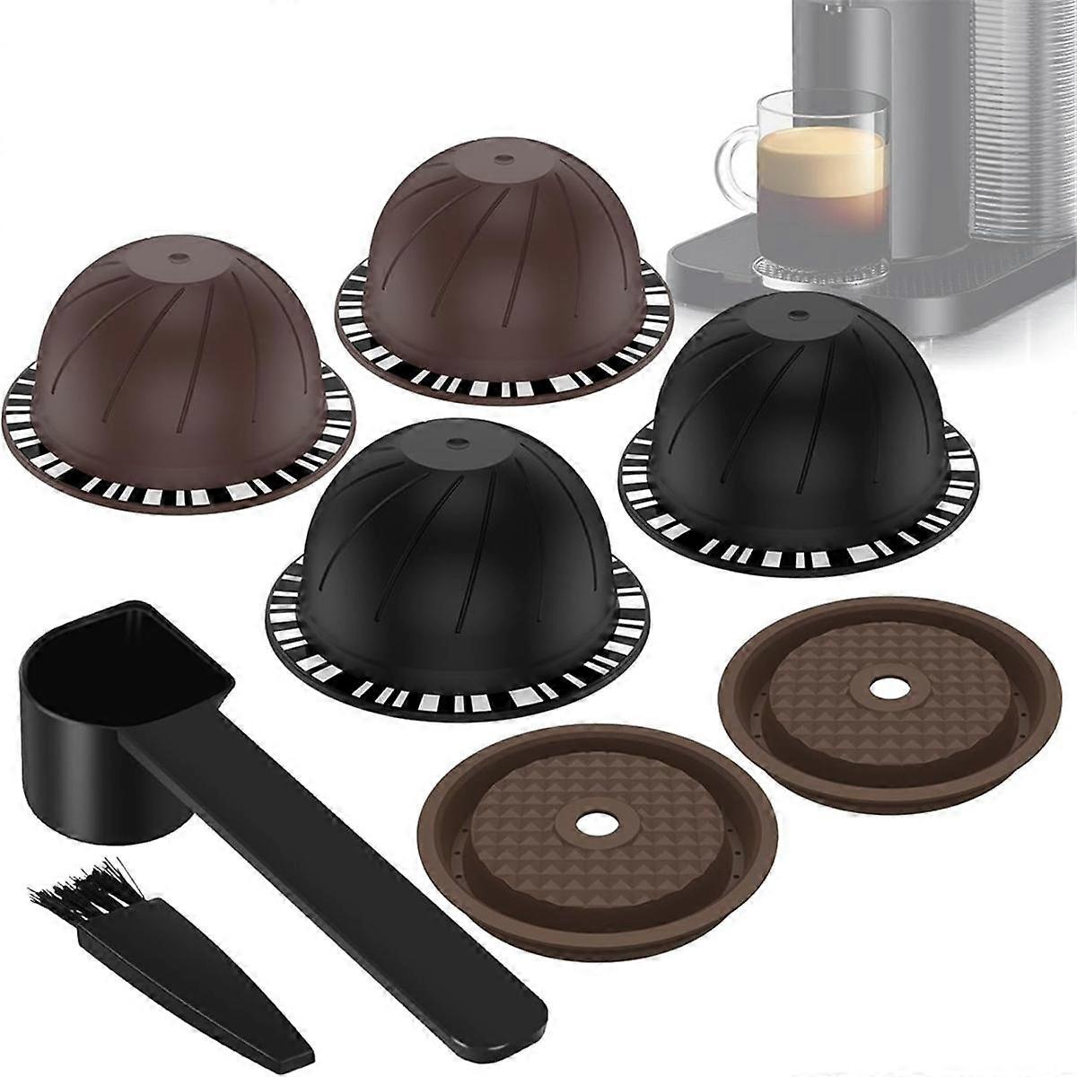 4Pcs Reusable Coffee CapsulesSet 2 Silicone Lids Spoon and Brush, VertuoPods for Machine,Refillable Coffee Pod