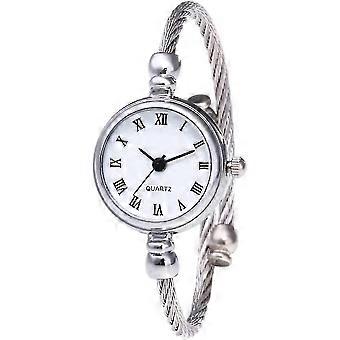 Women Silver Cable White Dial Analogue Quartz Bangle Watch With Metal Band Cuff Bracelet Watch Fashion Daily Wrist Watches For Girls Women Roman Numer