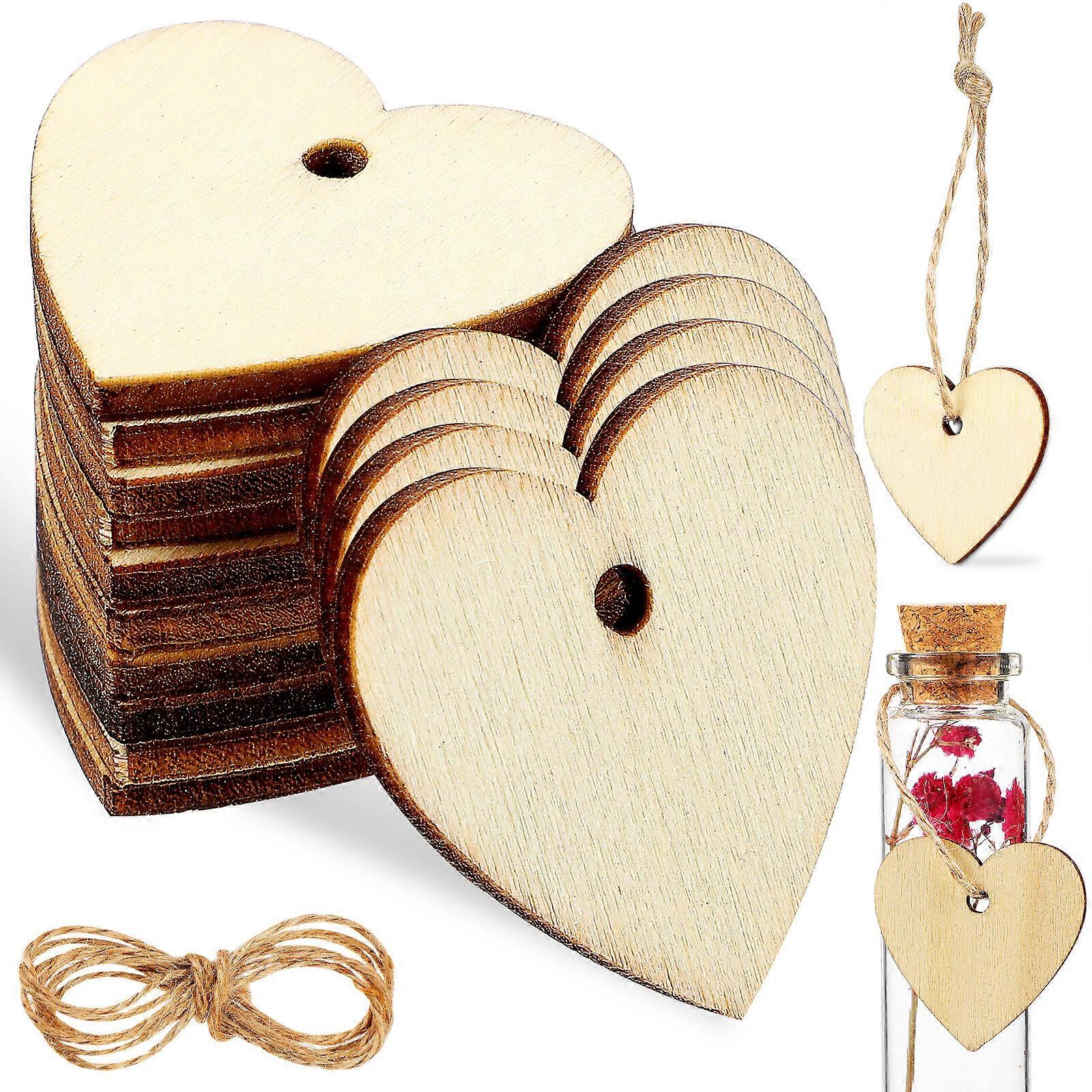 100 Pcs Craft Hearts Wooden Heart Pieces with Hemp Strings Wood Wedding ecorations DIY Gift Tags