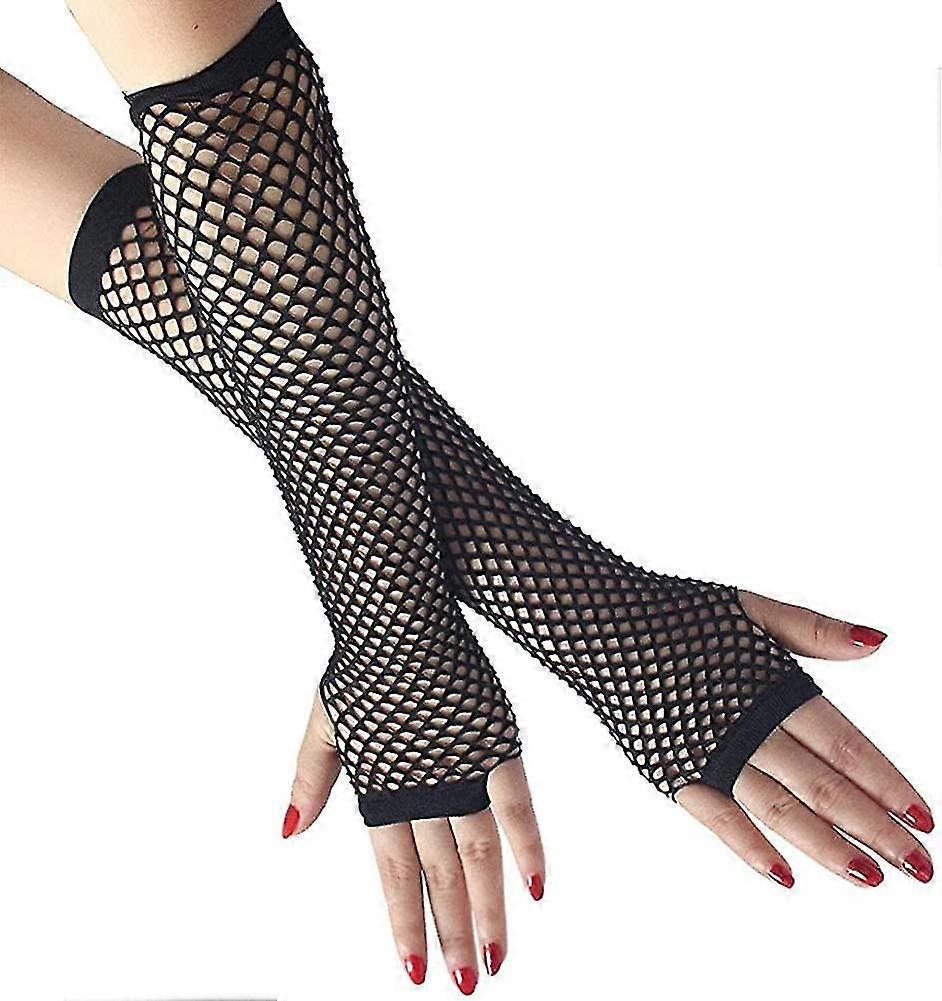Fishnet Gloves,black Fishnet Long Gloves Party Accessory Black Nylon Fingerless