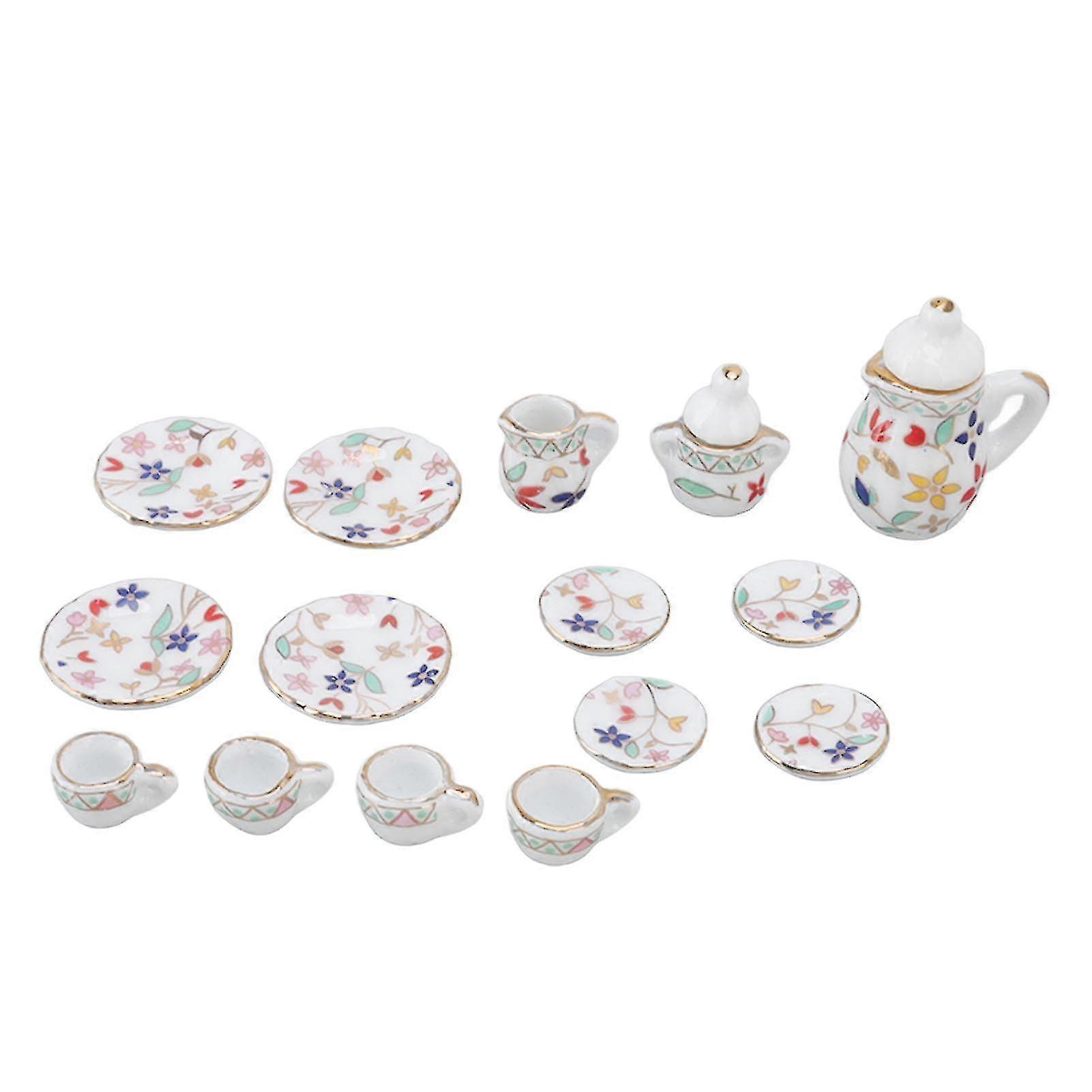 15 Pcs Mini Ceramic Dollhouse Tea Set - Simulation Tea Cups Model Props - Doll House Accessories (Type E)