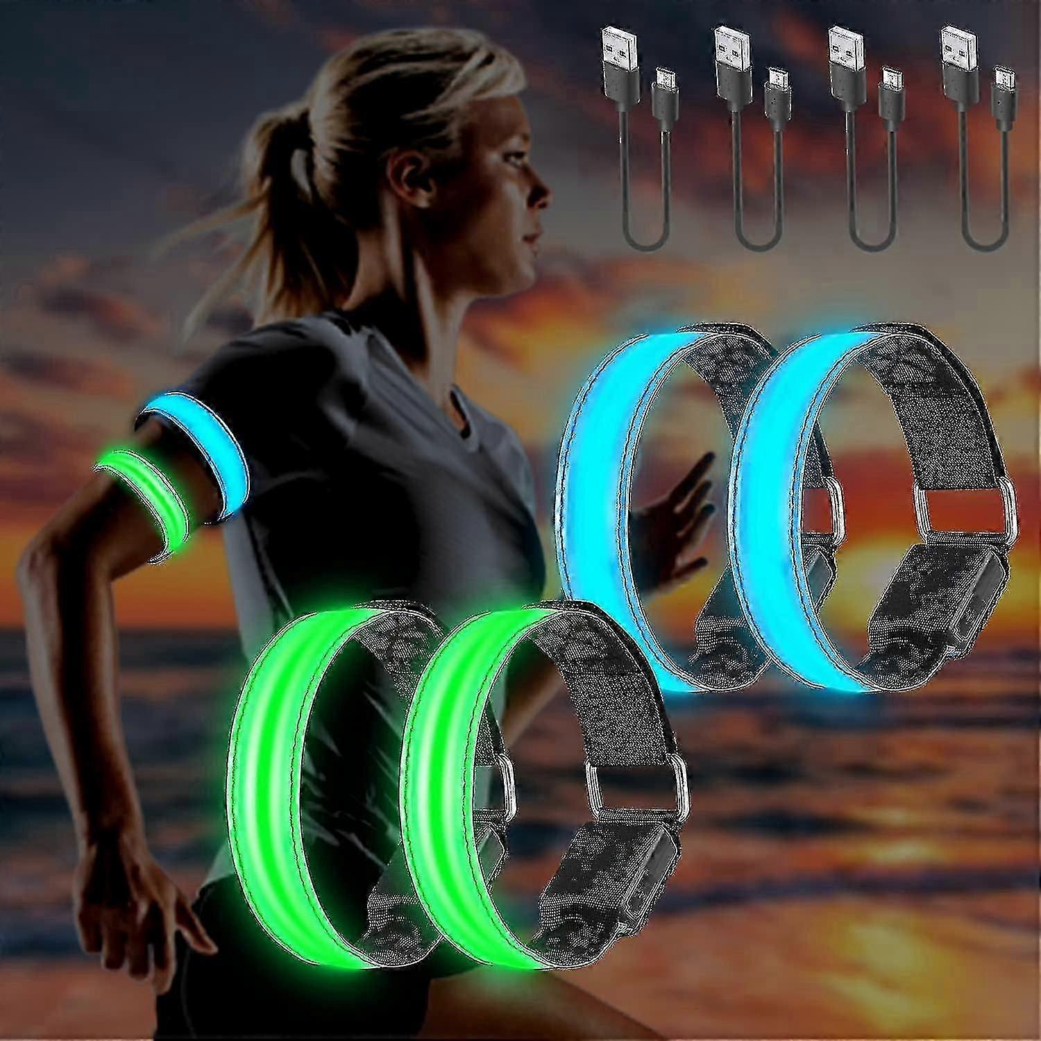 4パックUSB充電式LEDライトリストバンド、反射LEDランニングリストバンド、調整可能な点滅バンド、腕/手首/肇腹用の安全LEDライトリストバンド