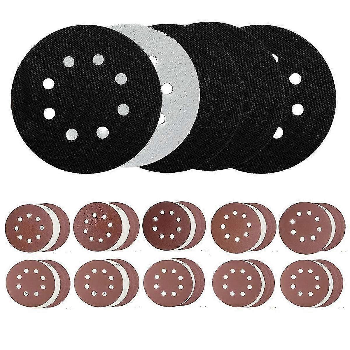 5pcs 5 Inch 8 Holes Foam Sanding Pads For Orbital Sander Hook And Loop Buffer Backed Cushion With 40pcs Sanding Discs