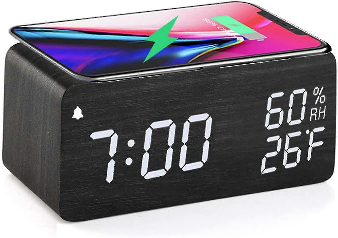 Wooden Digital Alarm Clo With Wireless Charging, 3 Alarms Led Display, Sound Control And Snooze Dual For Bedroom, Bedside, Office (bla),1504