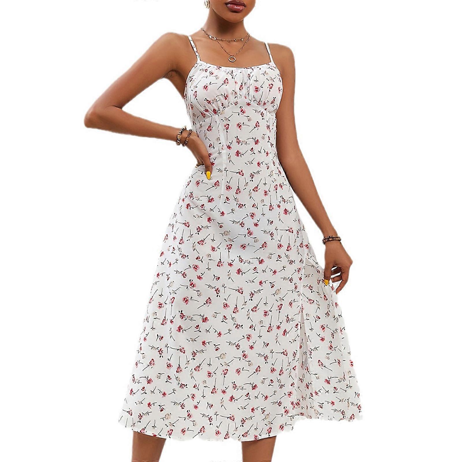 Robe imprimée élégante avec fente latérale Col carré Robes midi à col ouvert Robe de plage et de soirée décontractée à la mode pour les femmes XL blanc