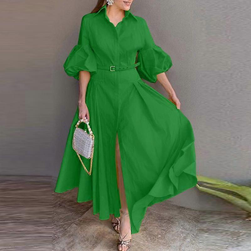 VONDA Summer Ladies Shirt Collar Puff Sleeve Waist Collect Button Half Split Long Casual Dresses