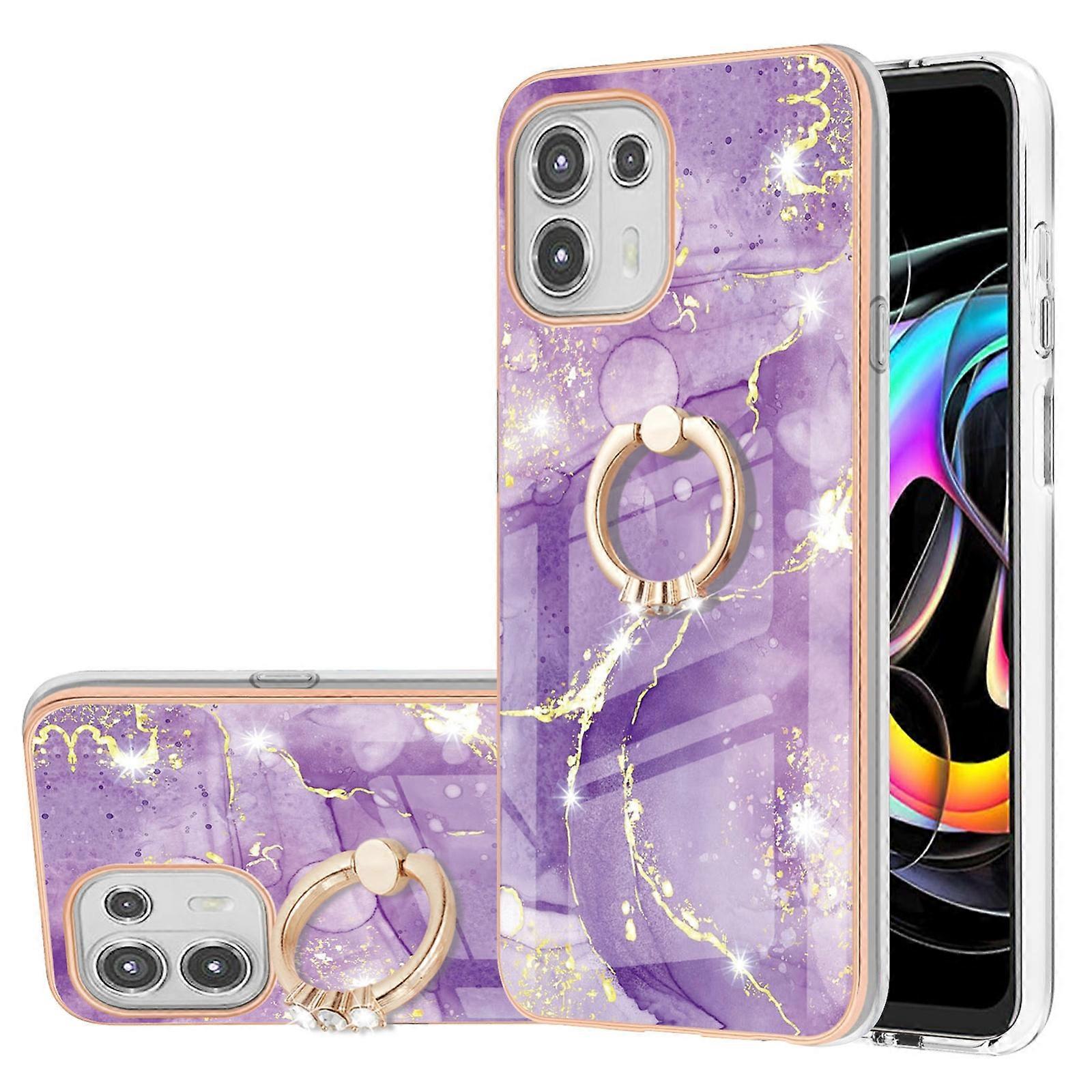 For Motorola Moto Edge 20 Lite Electroplating Marble Pattern IMD TPU Shockproof Case with Ring Holder