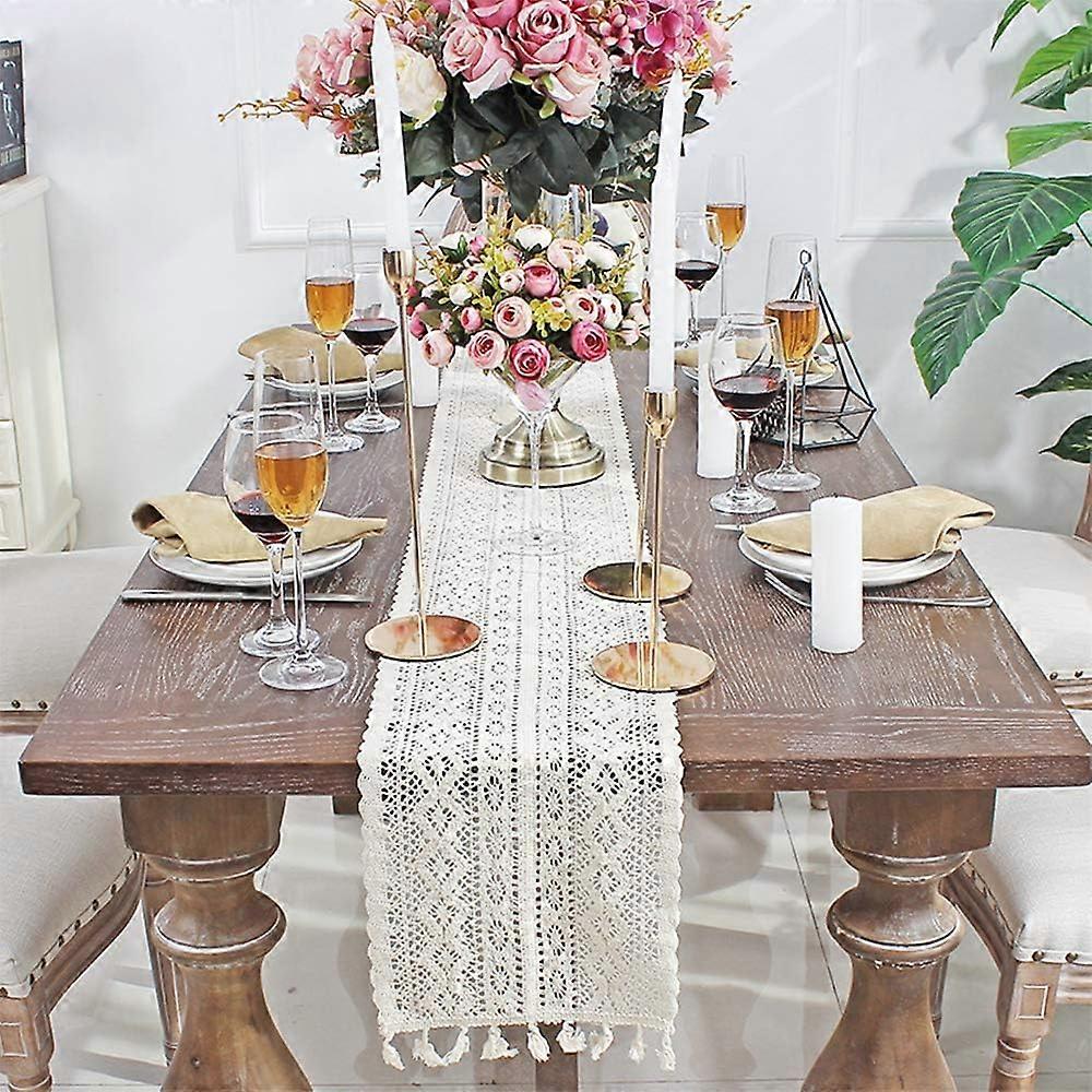 Beige Macrame Table Runner, Rectangular Crochet Lace, Elegant Hollow Mesh Tablecloth