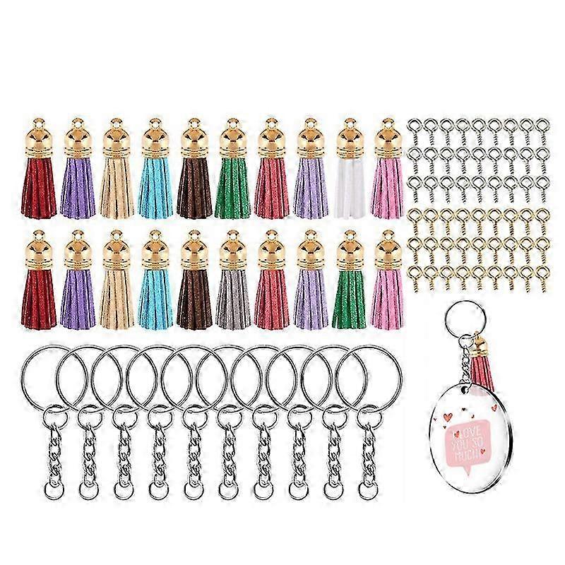 200pcs Acrylic Keychain Blank Set Polished Edges Metal DIY Keychain Blanks with Coloured Tassels Eye Screws Gold