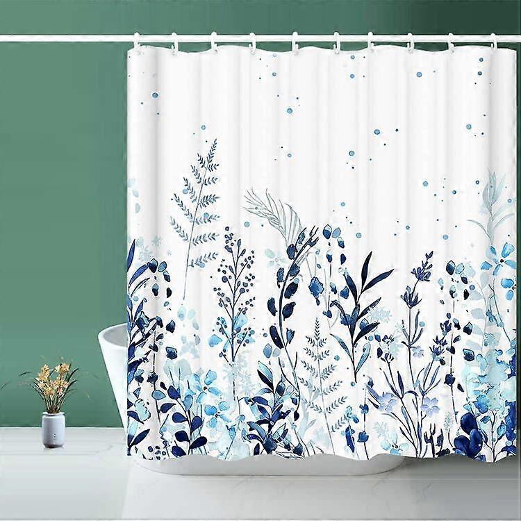 Shower Curtain Fabric Blue Botanical Design - 12 Hooks Included