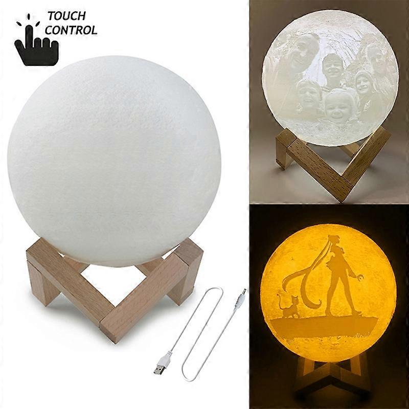 Customized Touch Switch 2-color 3D Print Moon Lamp USB Charging Energy-saving LED Night Light with Wooden Holder Base 13cm