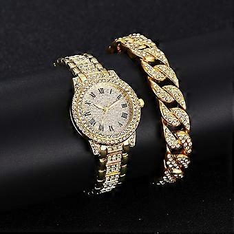 Diamond Roman Literal Steel Strap Watch, Color: Gold+Bracelet Gold+Bracelet