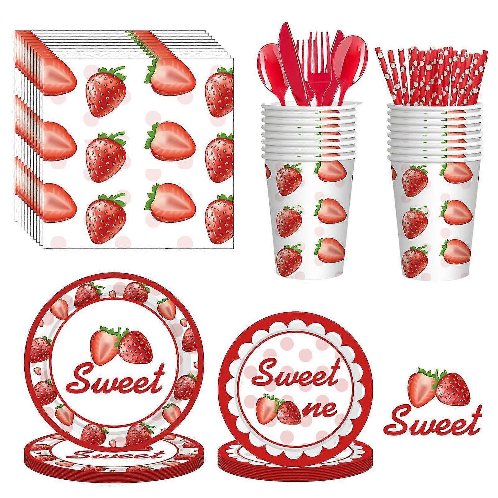 80個のイチゴをテーマにした誕生日パーティーデコレーションセット、夏の紙皿、ペーパータオル、子供用パーティー食器用の紙コップ付き