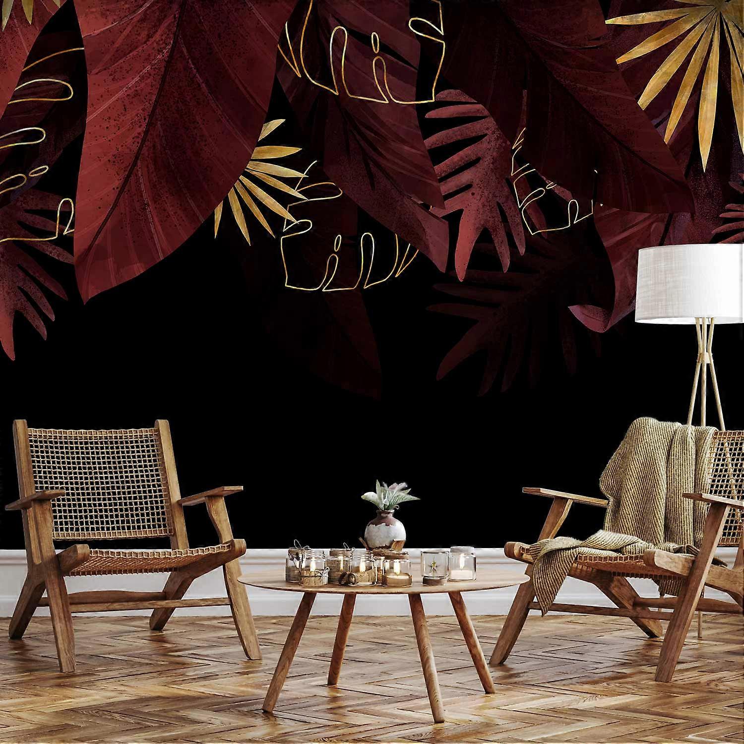 Self-adhesive wall mural – jungle and composition – red and gold leaf motif on black background