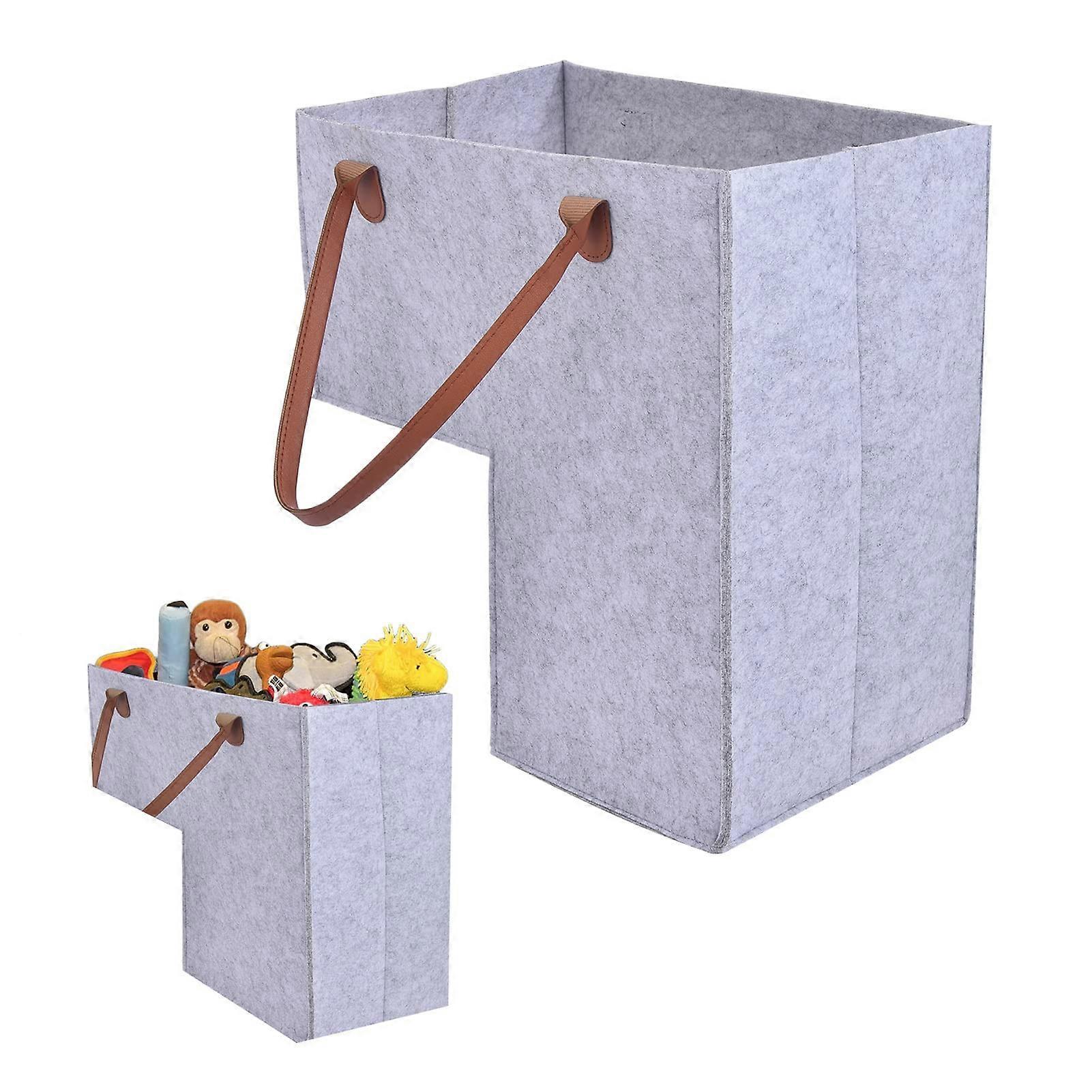 L-Shape Stair Basket Organizer, Foldable Fabric Storage Bin with Leather Handles, Large Grey Staircase Tidy Basket for Laundry and Toys
