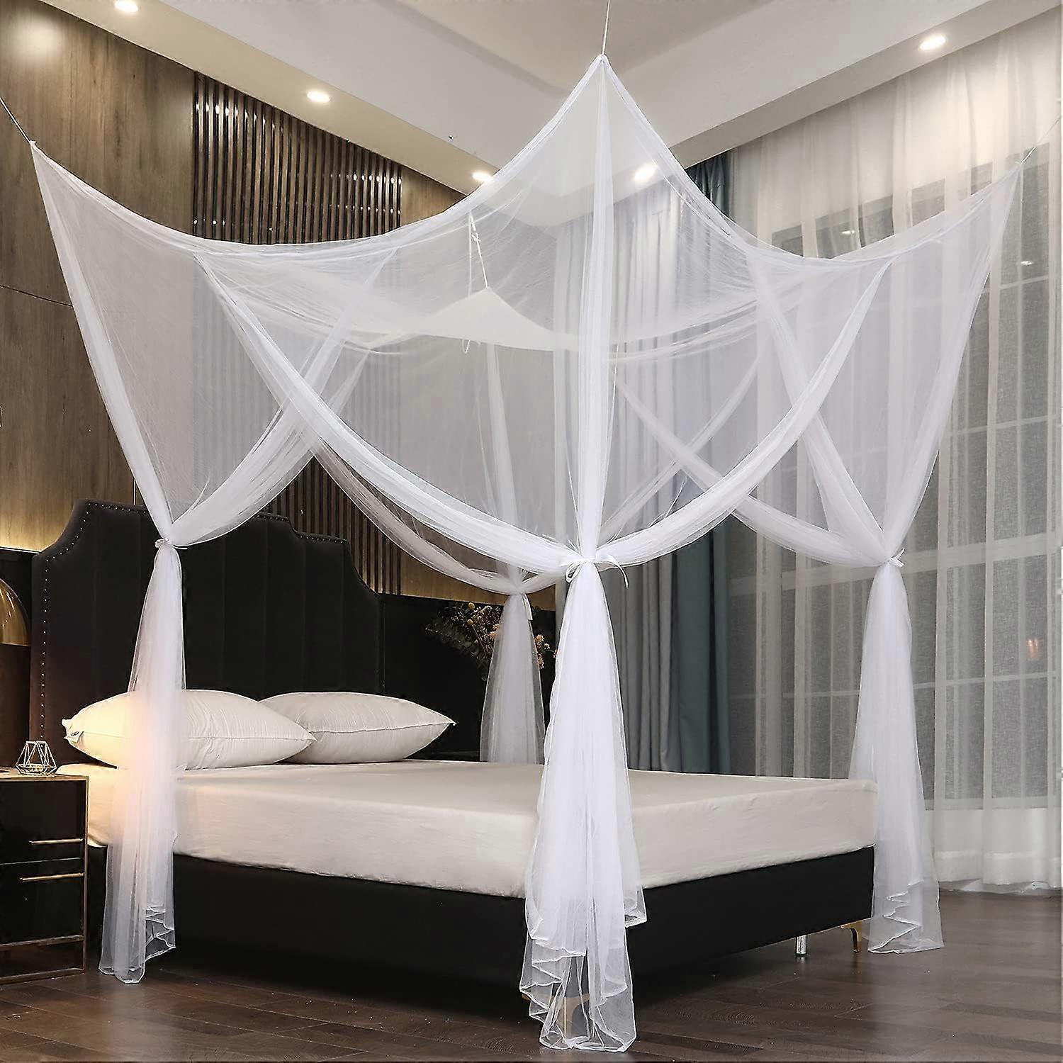 Mosquito Net Bed Canopy for Double Bed – White Square Post Curtains with Hooks, Fly Screen, 2x2m Size, Elegant Style
