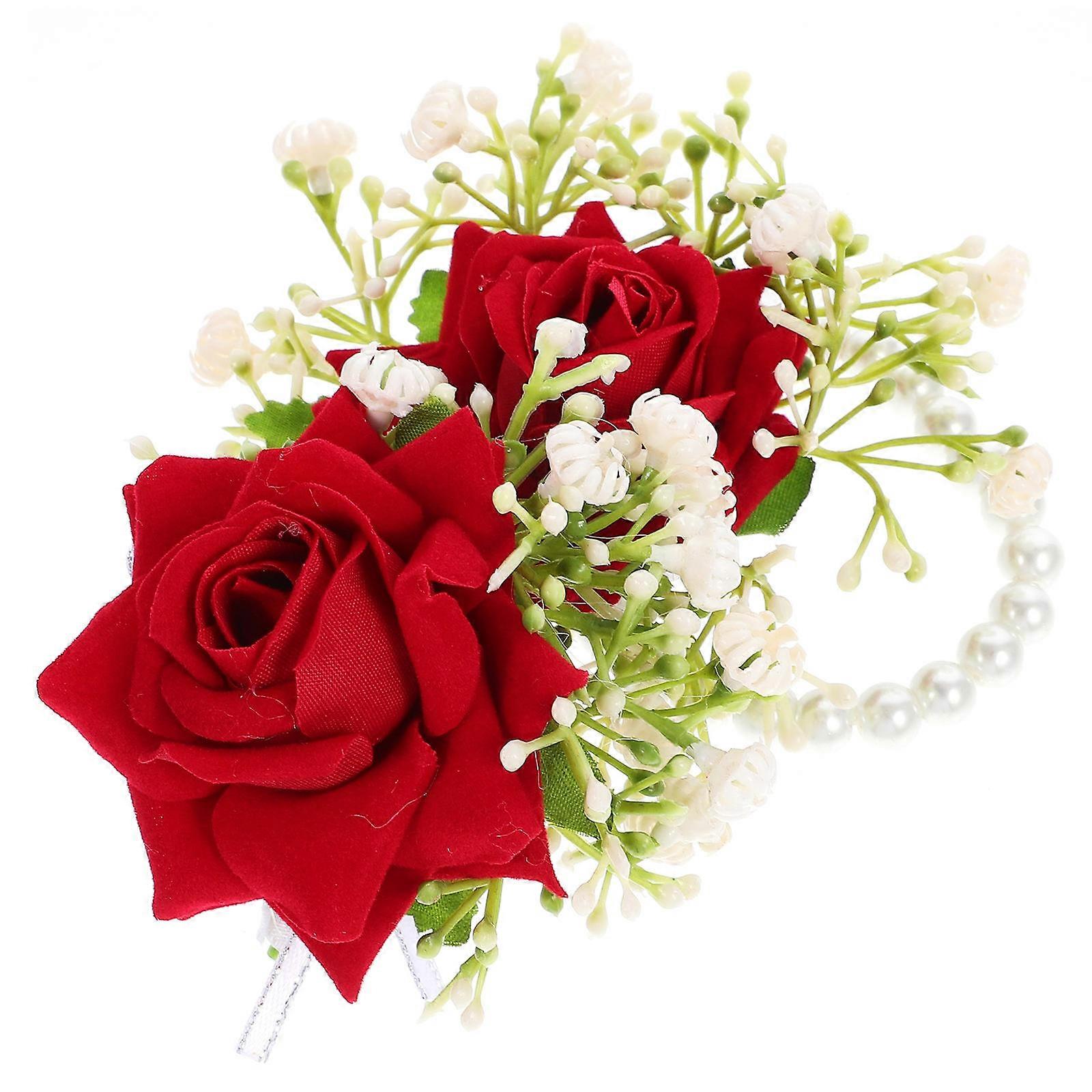 Corsage Wristlet Band For Wedding Artificial Flower Wrist Corsage Kit Red Satin Fabric Costume Accessory 1 Set