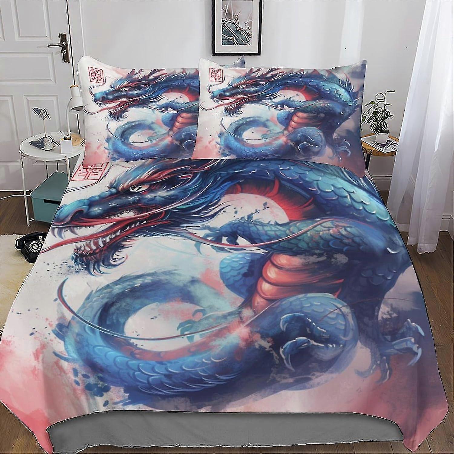 Trendy Chinese Dragon Quilt Cover Set with Hidden Zipper Closure - Stylish Microfiber Animals Bedding, 3-Piece with Pillow