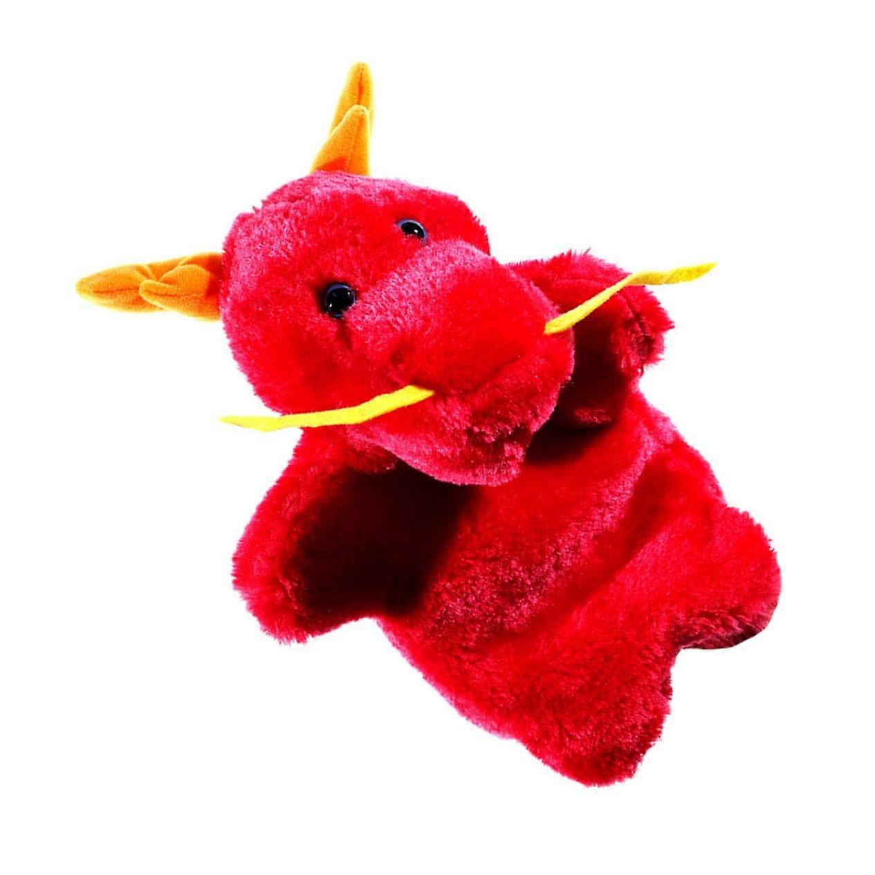 Plush hand puppet interactive toy that promotes creativity, communication, and motor skills for roleplaying and storytelling.