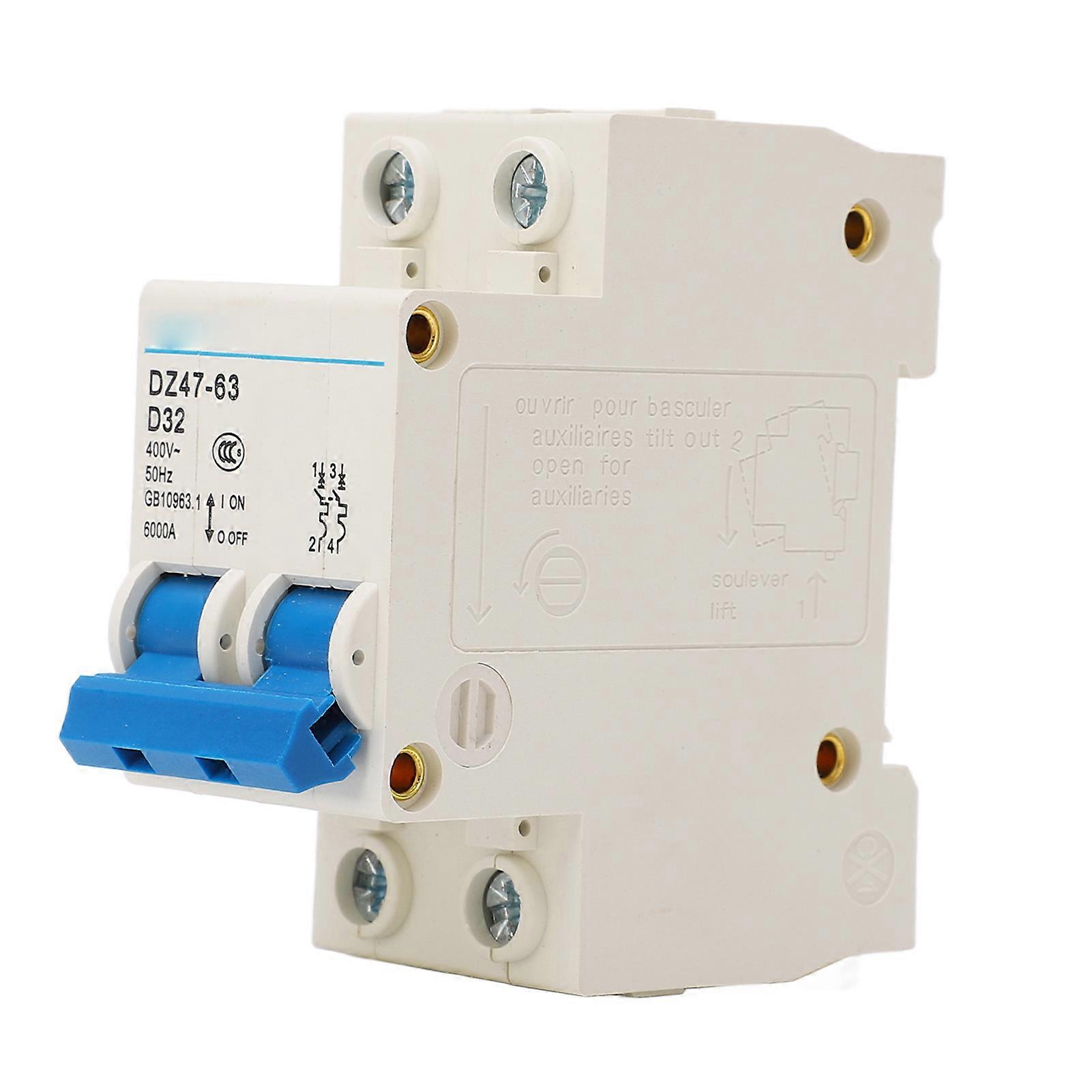 2P Miniature Circuit Compact DIN Rail Mounted Circuit Breaker Breaking Capacity 6000A 400V 32A
