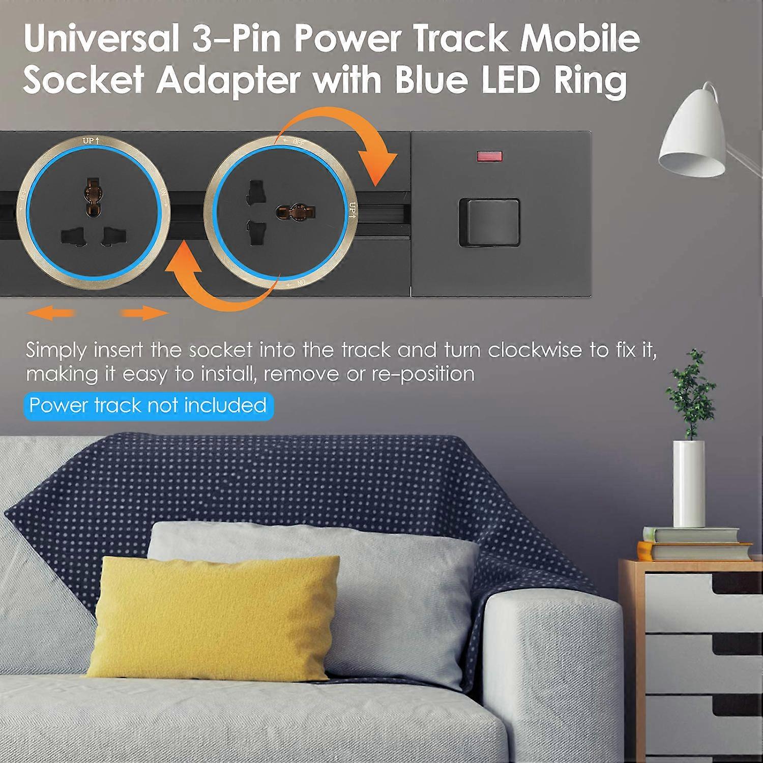 Universal 3-Pin Sockets Adapter Power Versatile Electric Mobile Track Socket Slidable Wall Outlet with Blue LED Ring