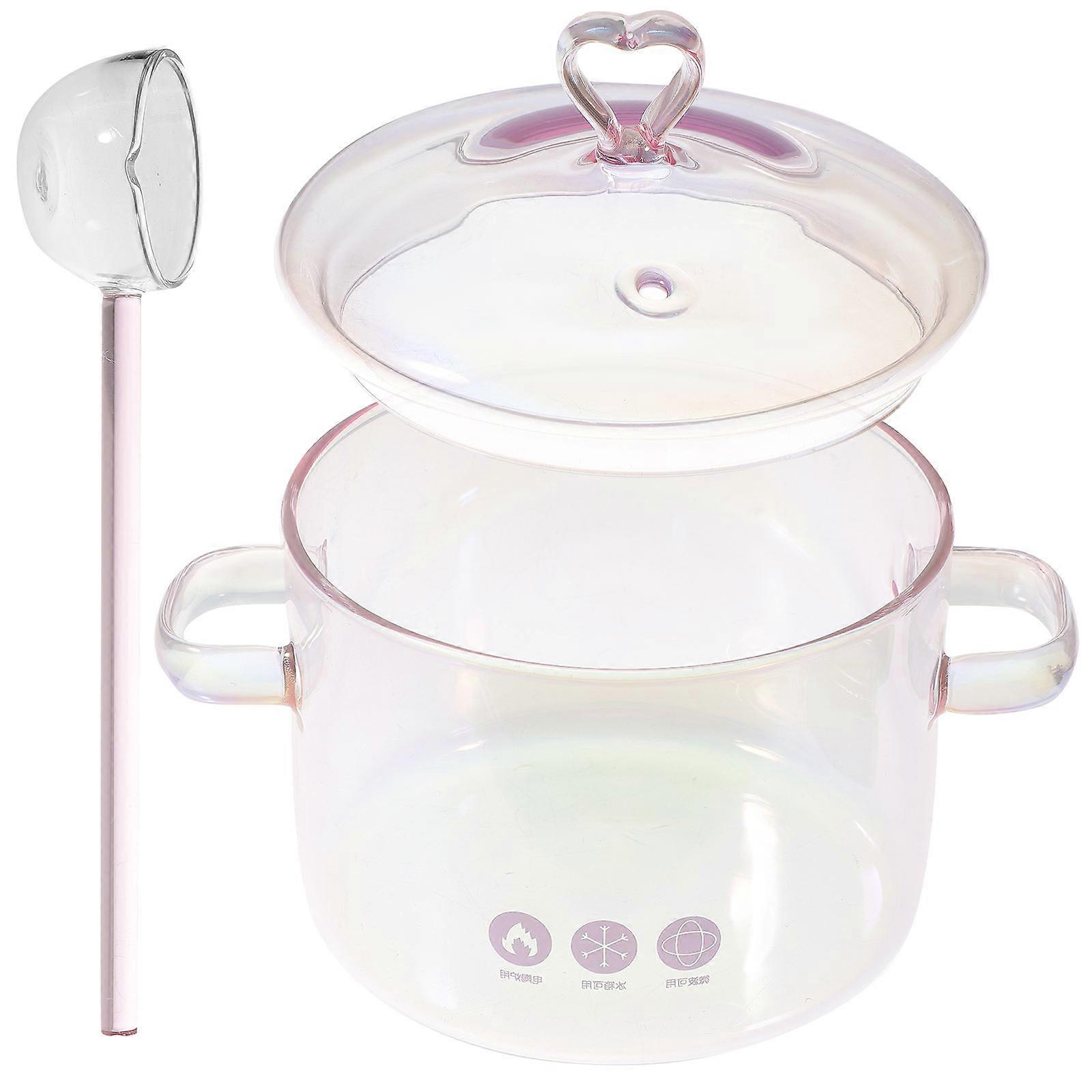 Heat Resistant Glass Stew Pot with Spoon, Transparent Cooking Pot with Double Handles for Ramen, Pasta, and Family Meals
