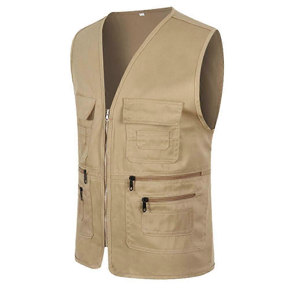 Men's Outdoor Vest V-Neck Classic Gilet Multifunctional Breathable Pocketed Vest For Hunting Camping Fishing Khaki XXL