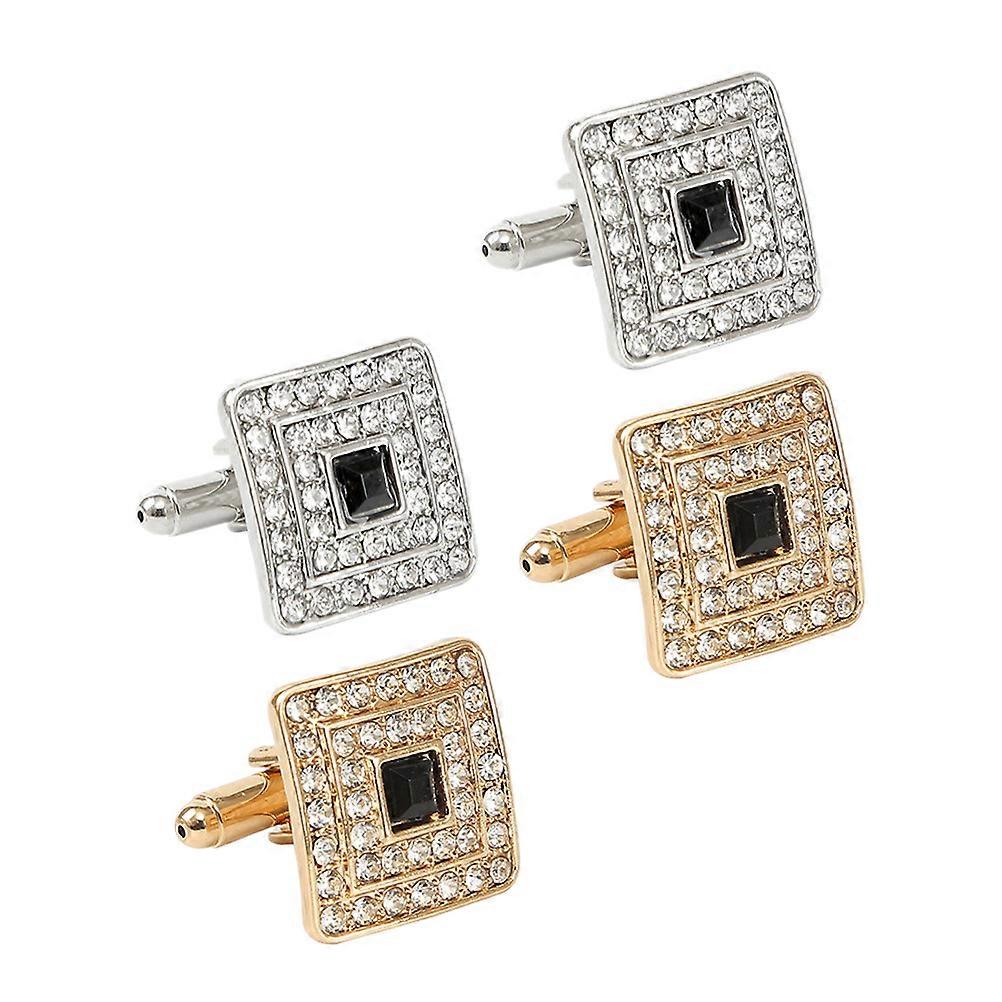 2 Pairs Square Rhinestone Cufflinks for Men Elegant Decorative Accessories with Zinc Alloy and