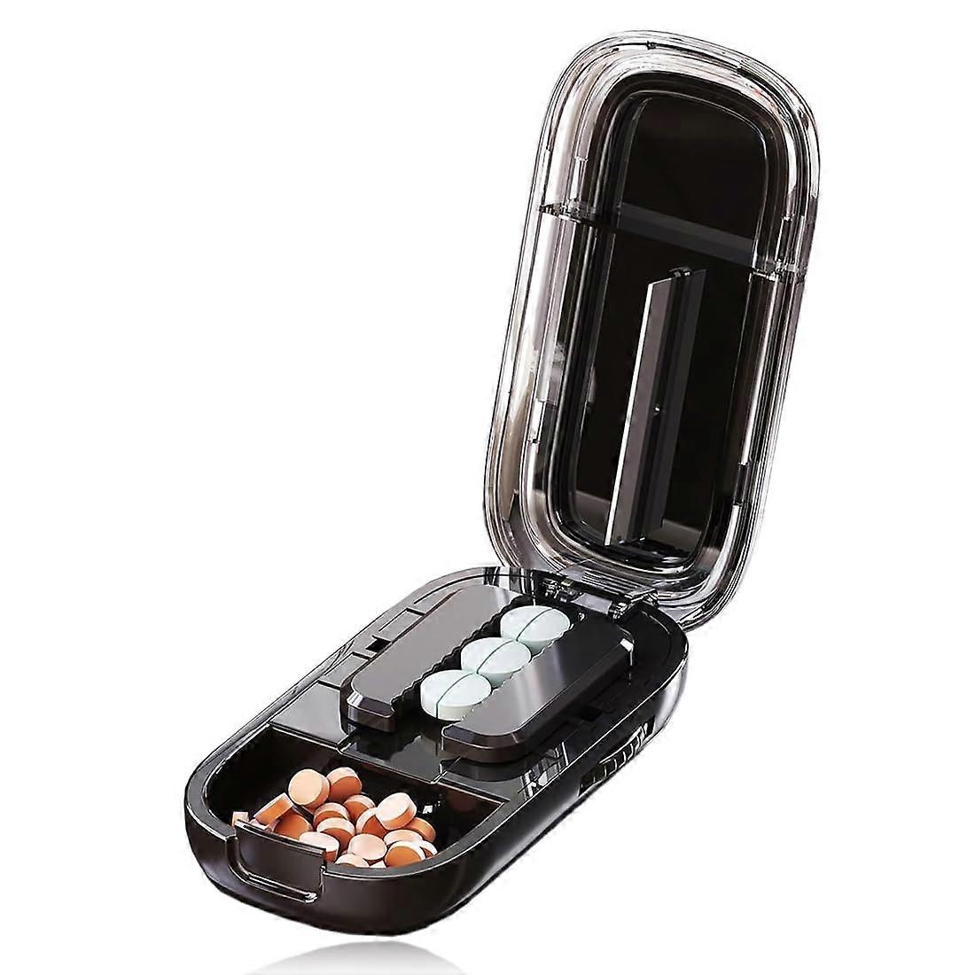 Tablet Divider Pill Cutter Portable 1-In-2 Divider Black, Multifunctional Medicine Cutter And Box For All Tablets