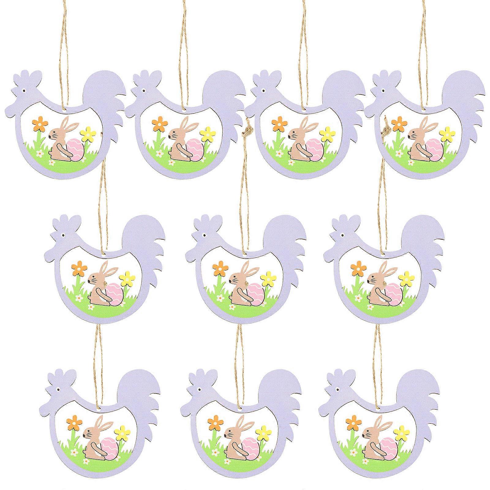 Wooden Easter Pendants 10Pcs Chicken Shape Decor For Rooms And Parties 9X8CM Purple Easter Design Hanging Decoration