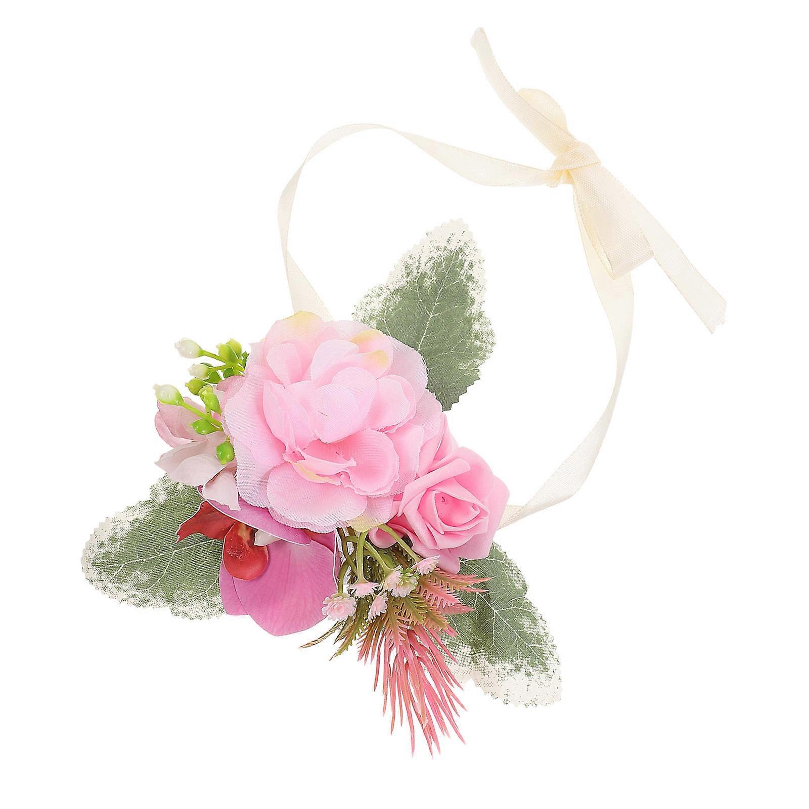 Elegant Wedding Wrist Corsage Bracelet with Lifelike Artificial Flowers for Bridal Party Use Pink