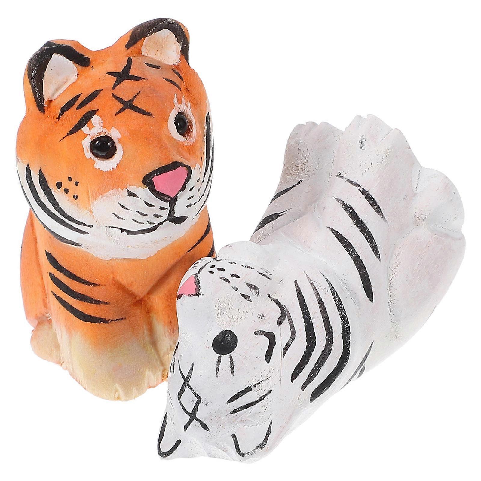 Wood Carved Animal Statues Tiger Shape Perfect For Desks And Coffee Tables Natural Decor Style Hand Carved 2Pcs