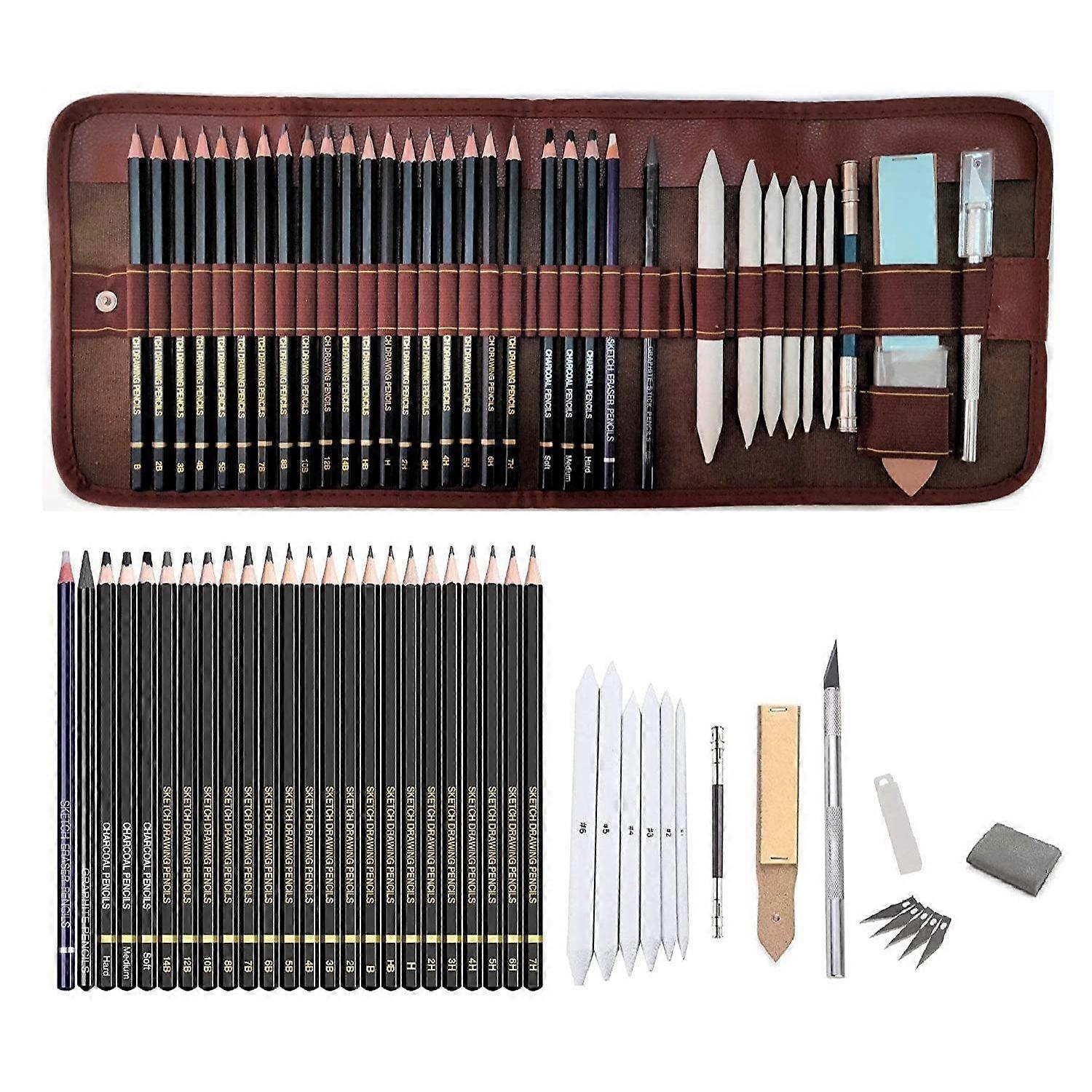 Sketching Kit Graphite Charcoal Drawing Pencil Set For Artist Kit Painting Shading Sketch Kit For Kids&Adults With Roll-Up Case(35 Pcs)