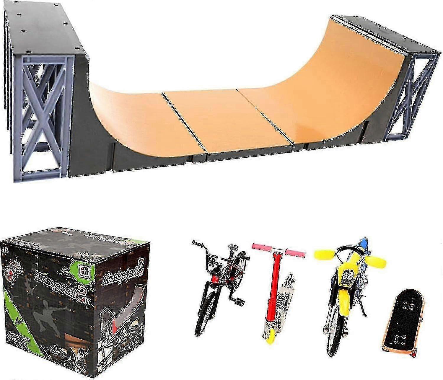 مجموعة منحدر Finger Skate Park Ultimate Half Pipe مع دراجة إصبع صغيرة ، متوافقة مع لوحات الأصابع والدراجات البخارية وألواح التزلج على أصابع الدراجات النارية