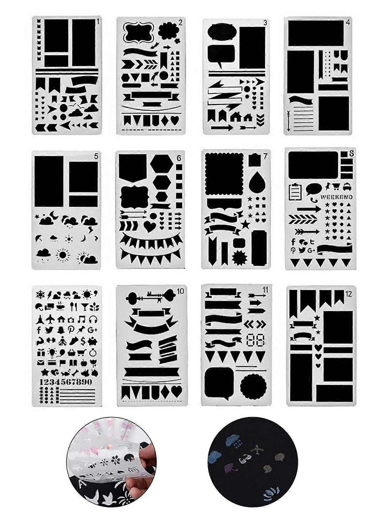 12 Pcs/Set Bullet Stencil Set Plastic Planner DIY Drawing Template for Diary