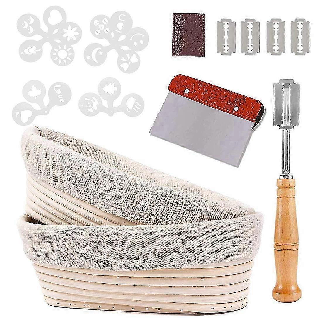 1Set Oval Bread Banneton Proofing Basket, 10 Inch Baking Bowl Kit for Sourdough with Dough Scraper, Bread Lame