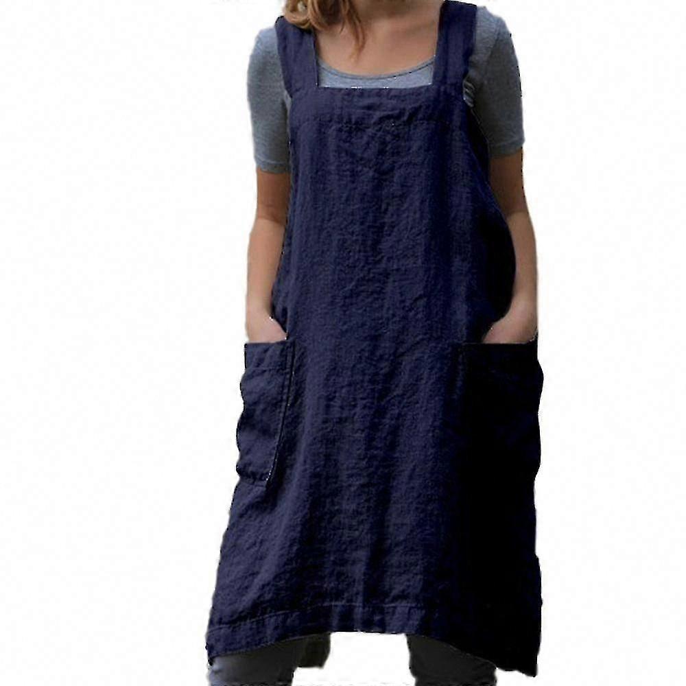 ساحة من القطن والكتان الصليب للنساء مع جيوب ، فستان Pinafore للخبز والطبخ