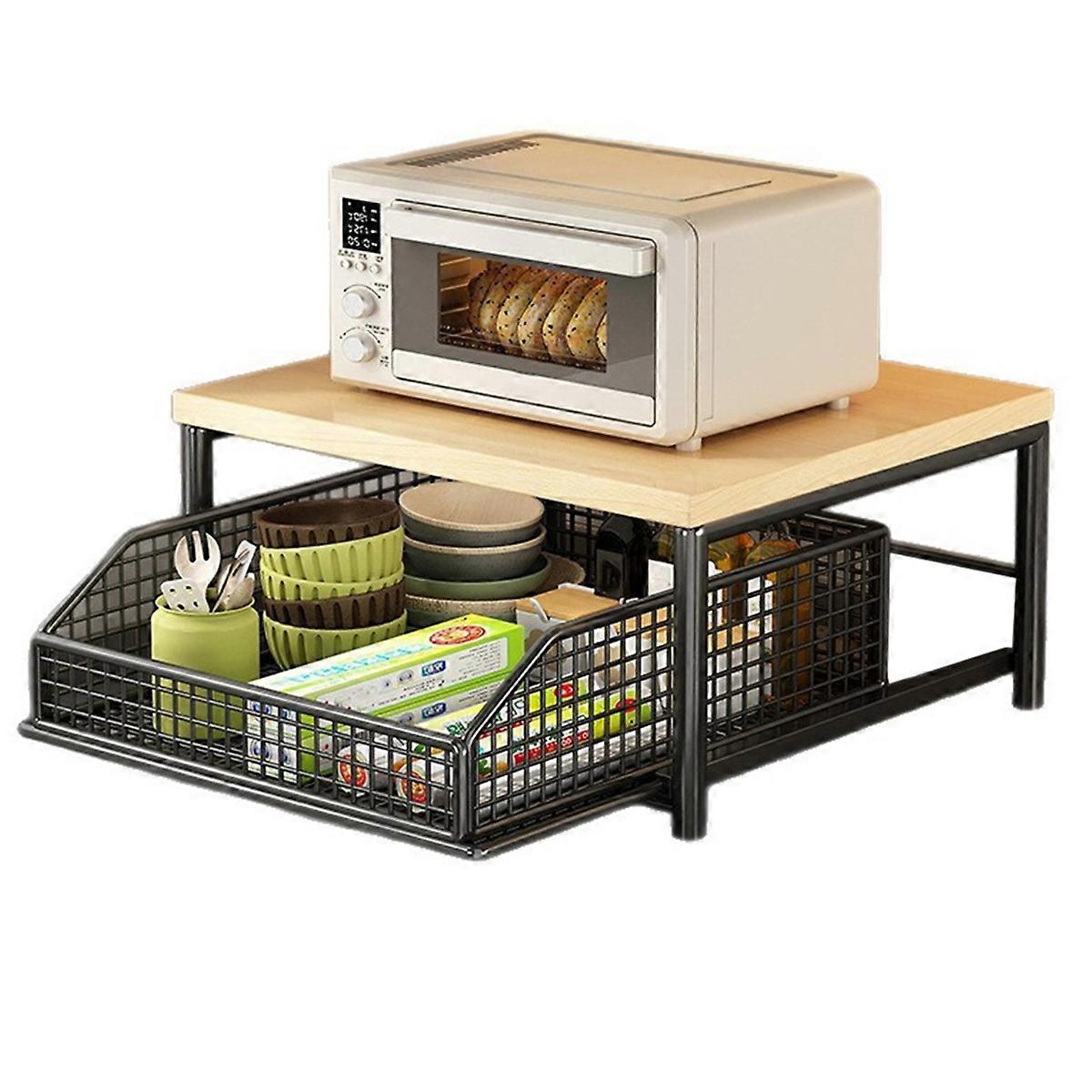 Space-Saving Kitchen Countertop Organizer with Drawer & Wire Basket - Sturdy Hardwood Shelf for Coff