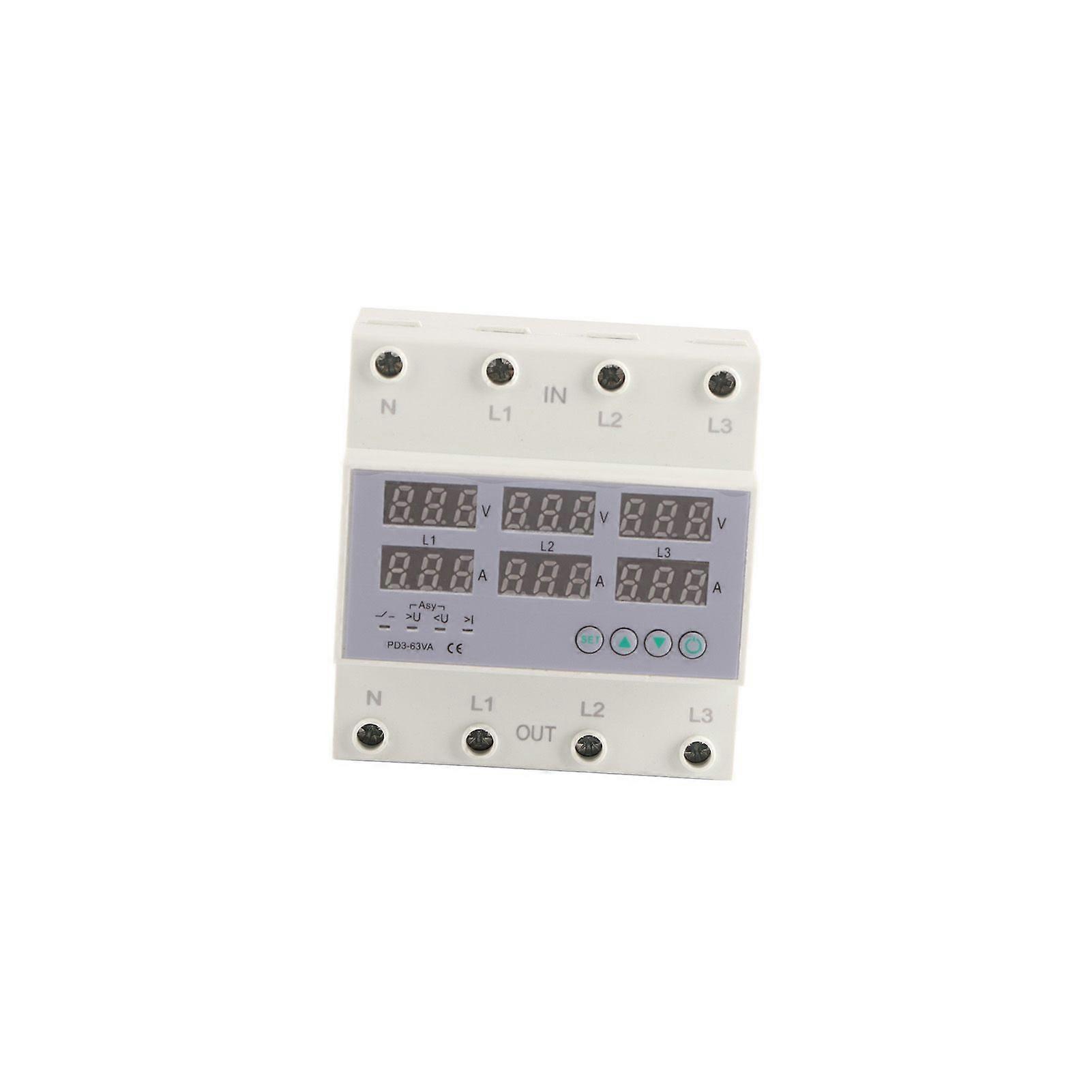 3 Phase DIN Rail Voltmeter Ammeter Automatic Overvoltage Overcurrent Protector AC 390500V 40A