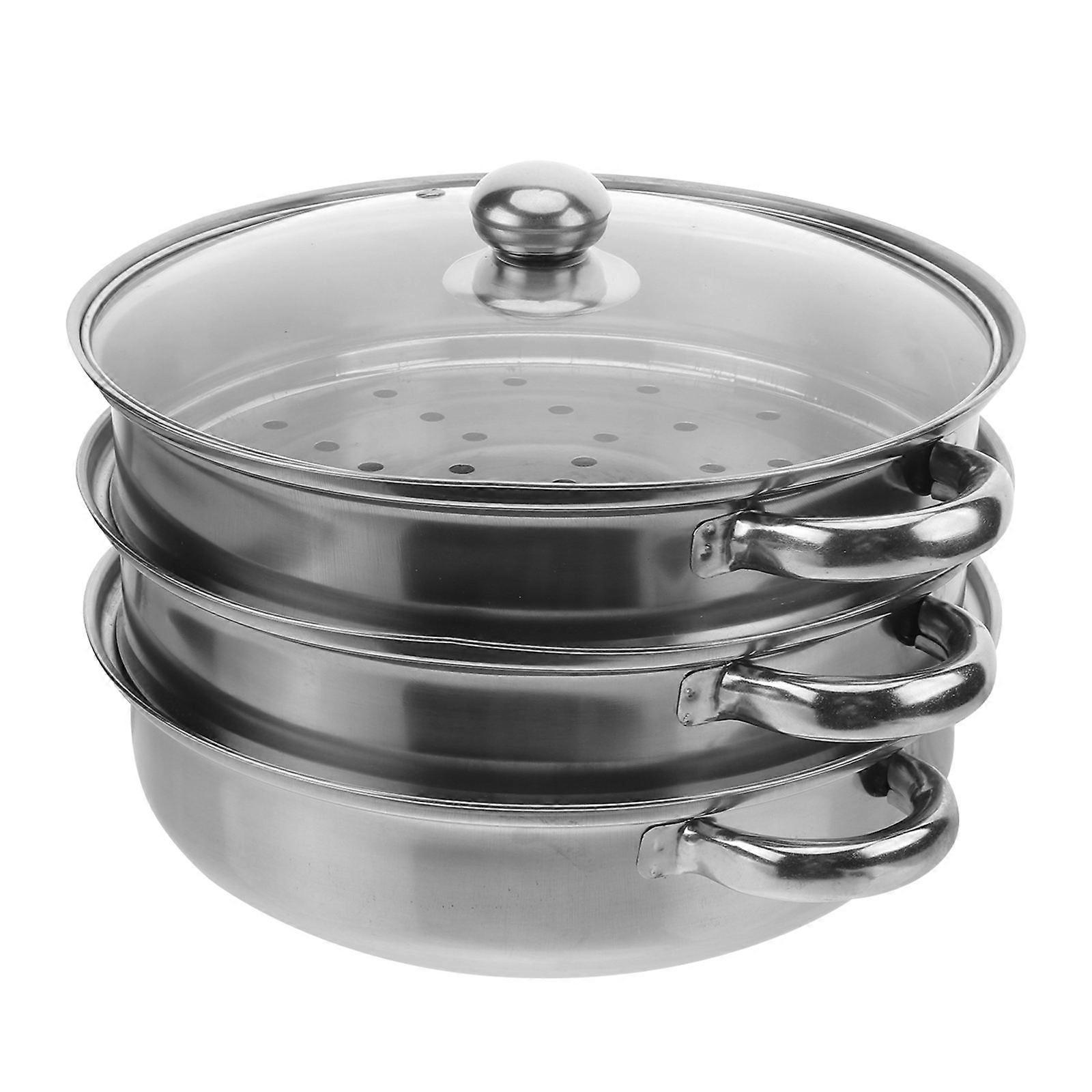 Stackable Steamer Pot Stainless Steel Cookware Energy Saving Tempered Glass Cover 28.00X28.00X16.00CM 1Set