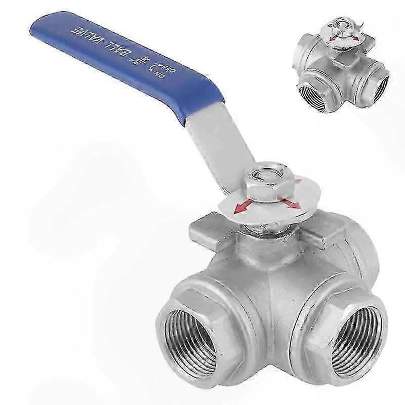 Stainless Steel 3-Way Ball Valve with T-Type Design and Vinyl Handle, 3/4" Inner Thread Connection