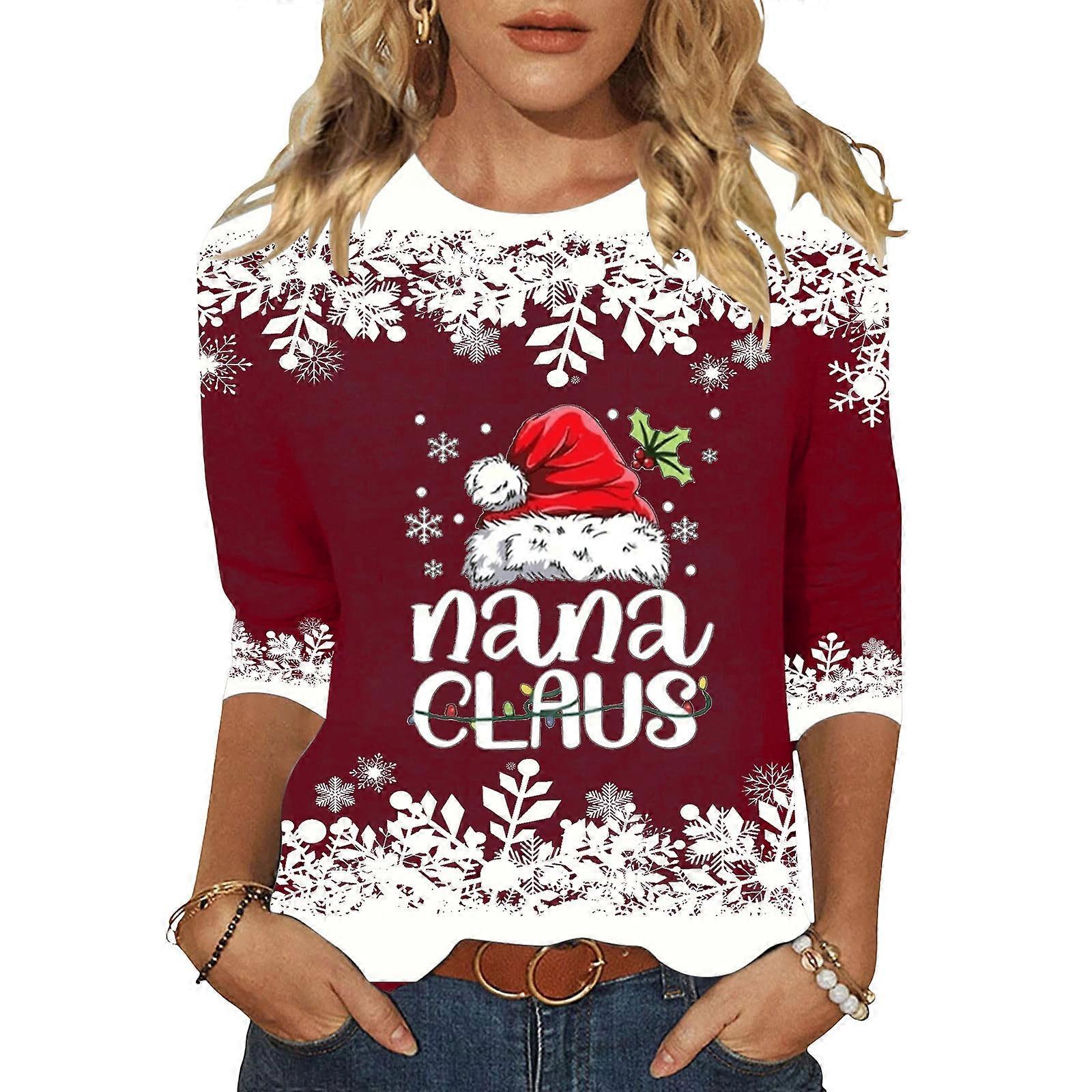 Women's exquisite Christmas print shirt winter three-quarter sleeve round neck shirt T-shirt top  Burgundy XL