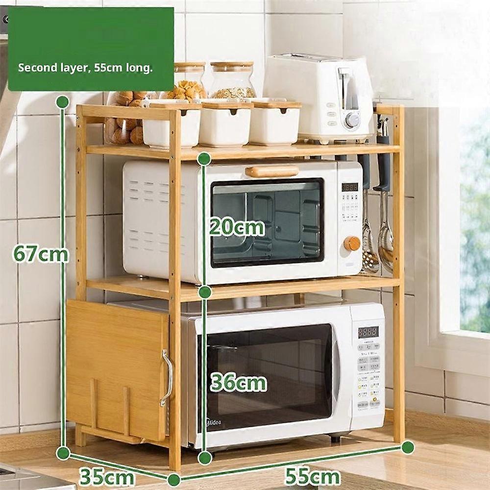 D Type 2 Tiers 55cm Length Bamboo Spice Rack Kitchen Countertop Organizer with Cutting Board Holder and 4 Hooks