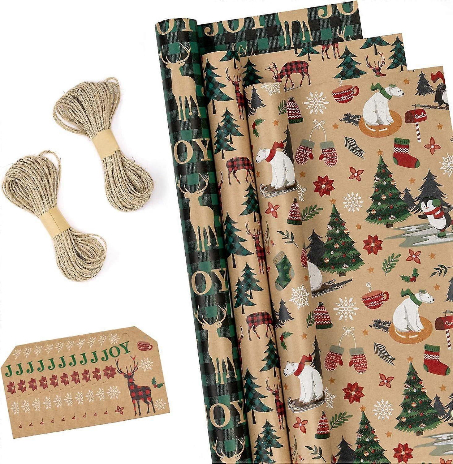 RUSPEPA Christmas Wrapping Paper Rolls with Tags, Jute String - 43cm x 3 Meter per Roll, Total of 3 Rolls