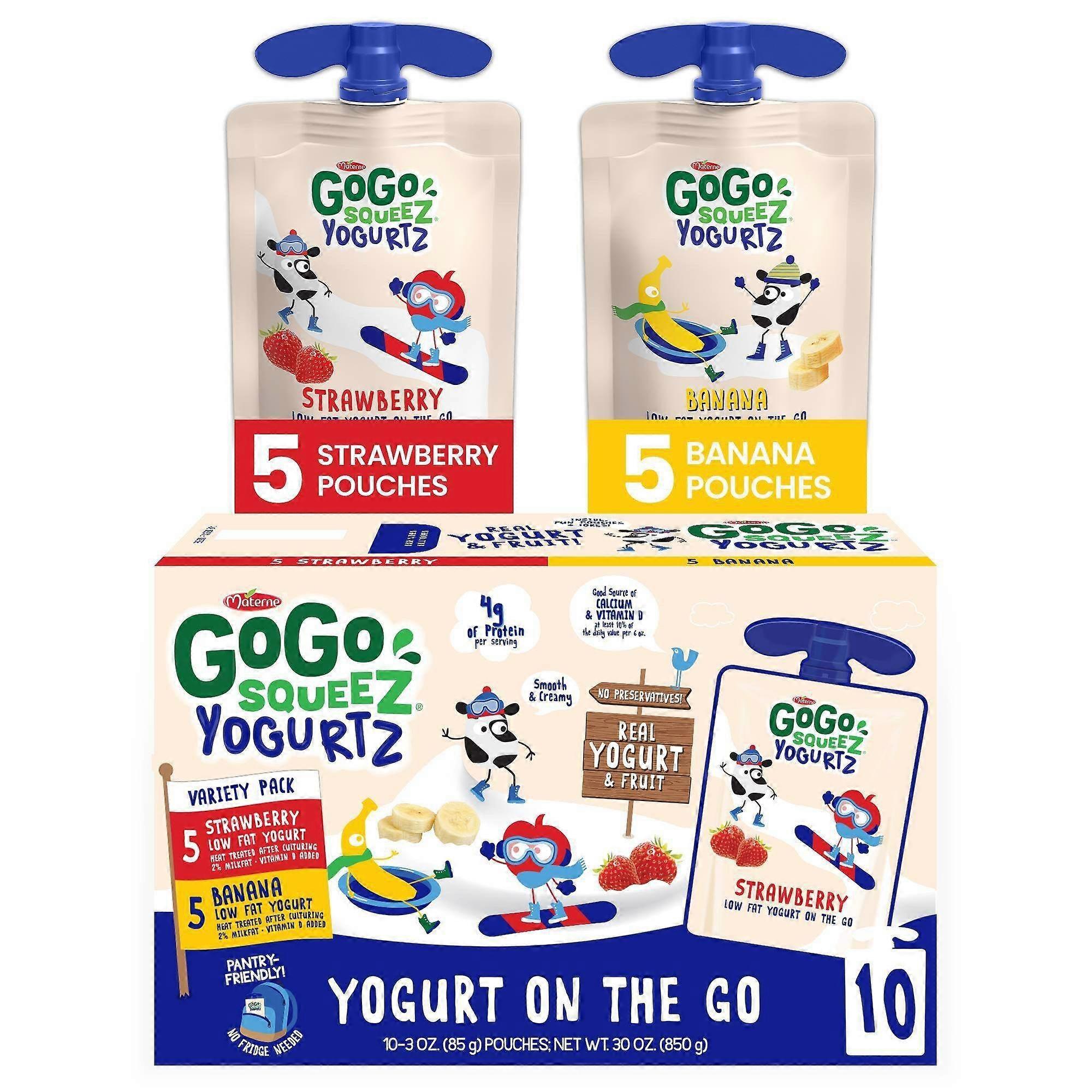 Gogo Squeez Yogurt On The Go Pouches ، الفراولة والموز ، صديقة للمخزن ، 10 Ea