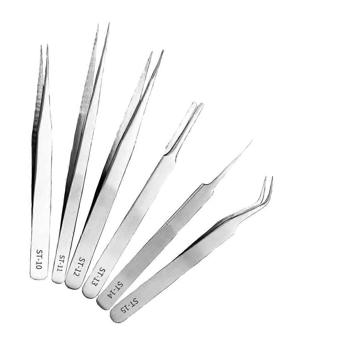 Stainless Steel Precision Tweezers Set of 6 – AntiStatic Elbow Tip for Eyebrow Shaping, Hair Removal and Craft Work