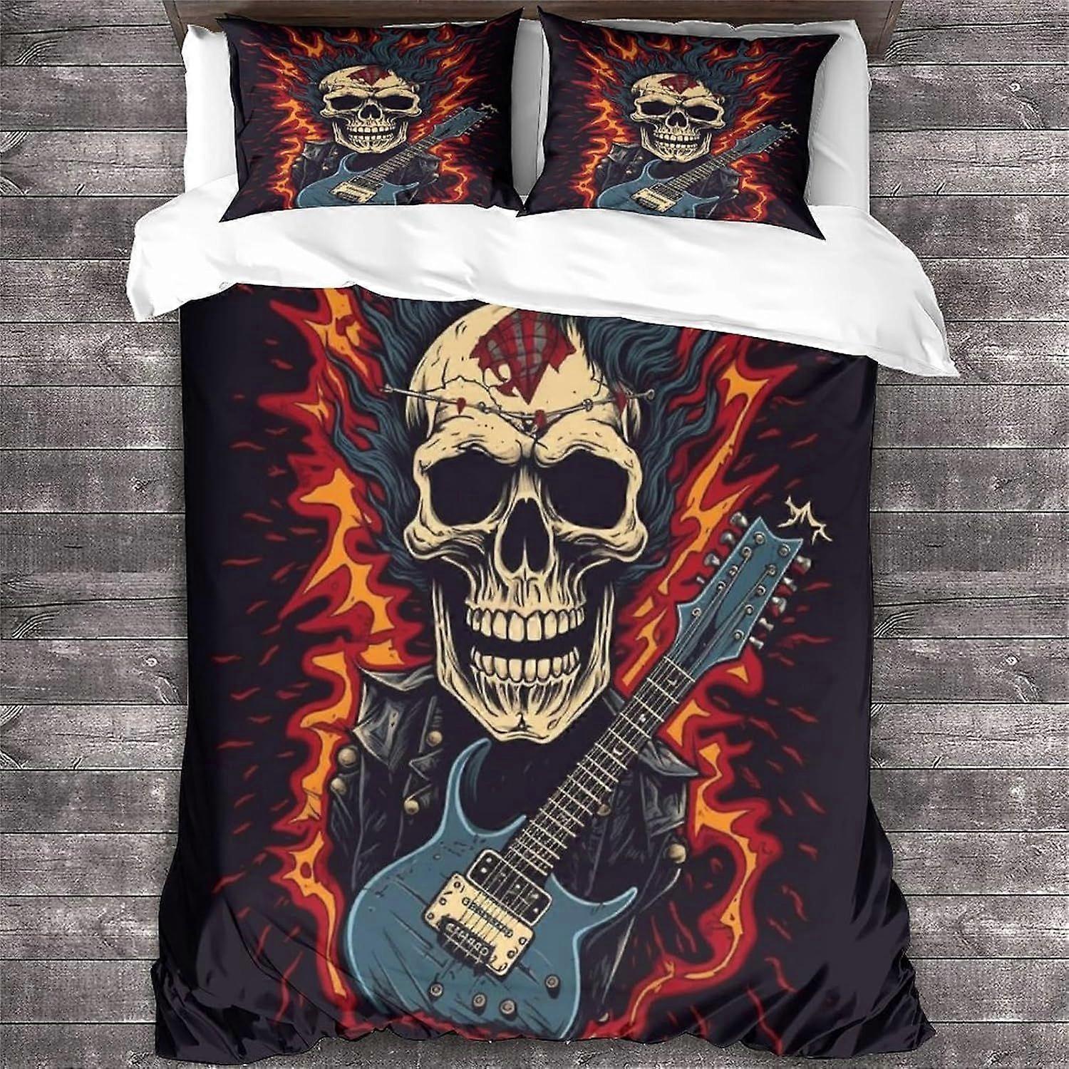 روك أند رول الفراش للبنات الأولاد الثقيلة المعدنية الغيتار نمط غطاء لحاف غطاء سرير 3 قطع الجمجمة لحاف غطاء مجموعة للسرير الملك