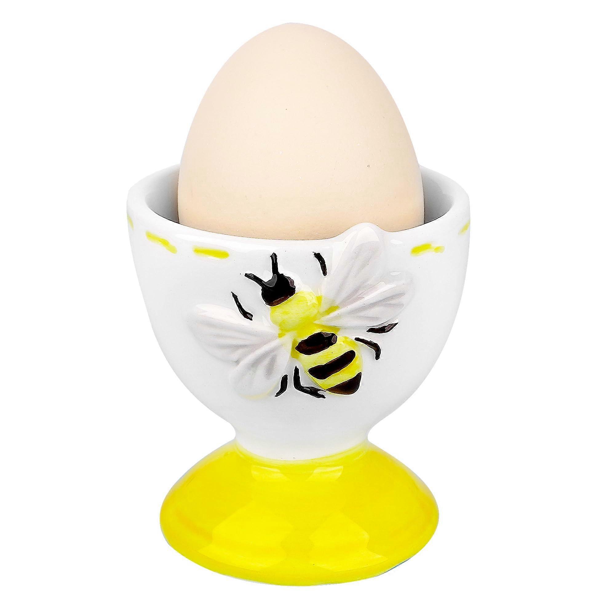 Ceramic Egg Cup with 3D Bee Design, Durable Farmhouse Breakfast Holder, Yellow Table Accent